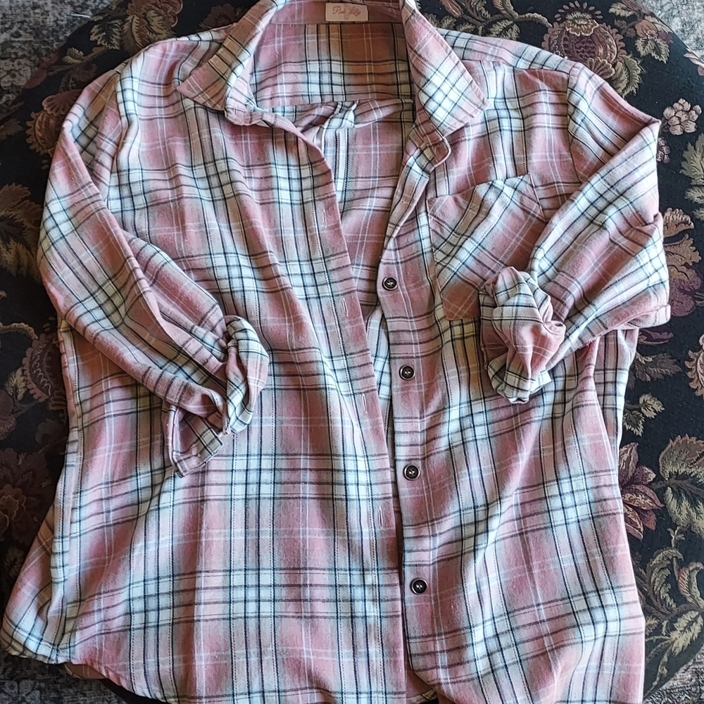 Pink Lily Plaid Shirt with Button Detail